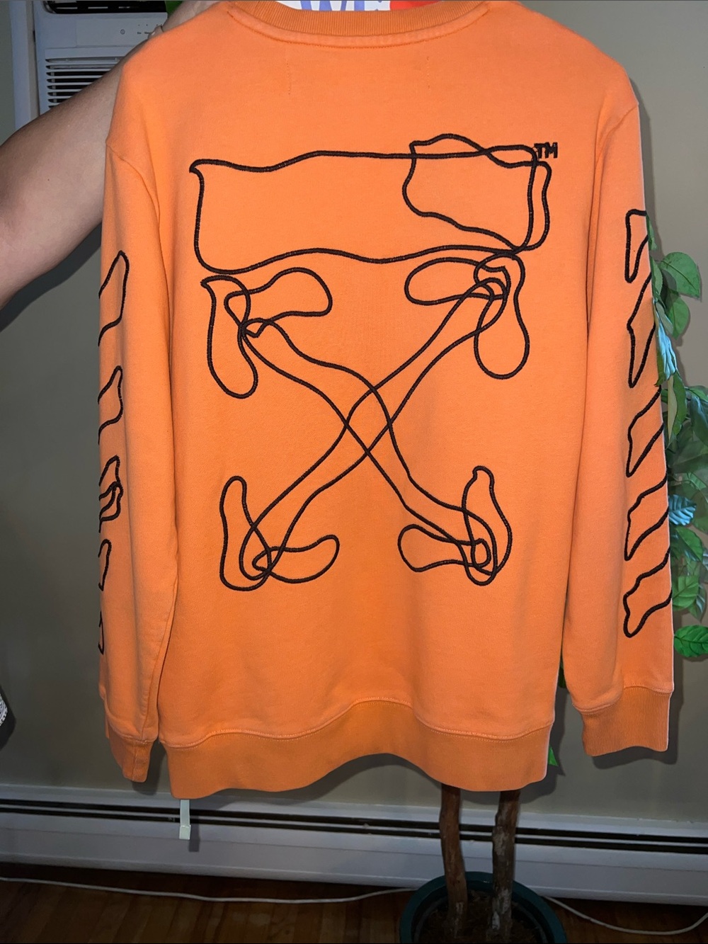 Off-White Orange Crewneck Sweatshirt with Black Graphic